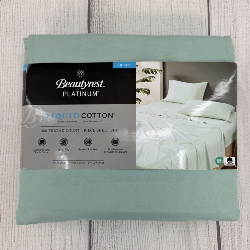 Beautyrest Platinum Sheet Set QUEEN Aqua Blue Liquid Cotton 400TC Soft Quick Dry